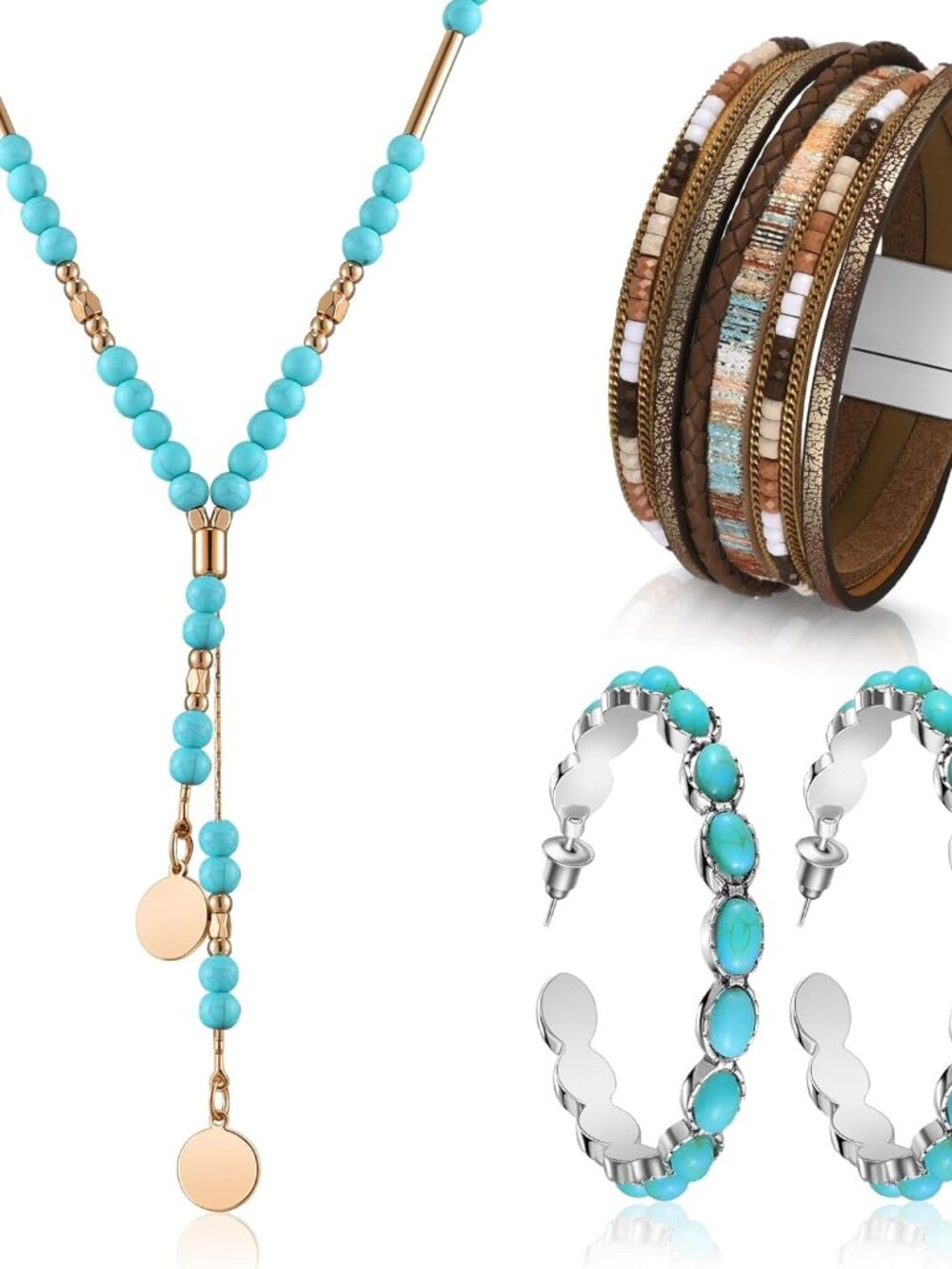 3 Pcs Western Jewelry for Women Bohemian Set, Boho Pendant Long Choker, Dangle E